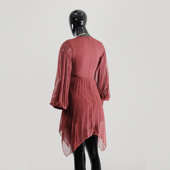 Burgundy Sheer Midi Dress with Flowy Sleeves & Wrap Front - Picture 3 of 6
